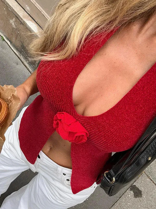 3D Flower Halter Exposed Navel Knit Top