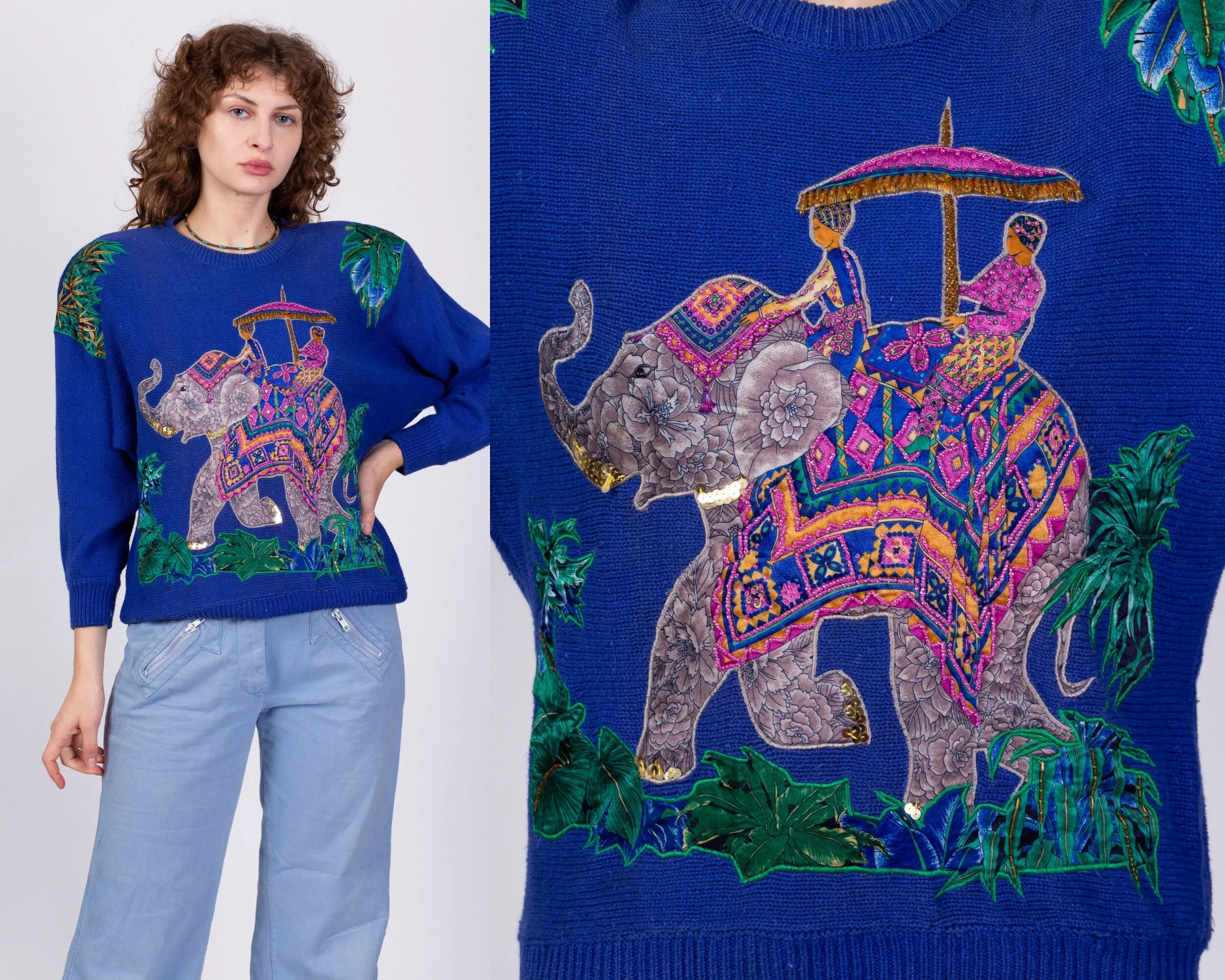 80s Royal Blue Elephant Knit Sweater - Medium