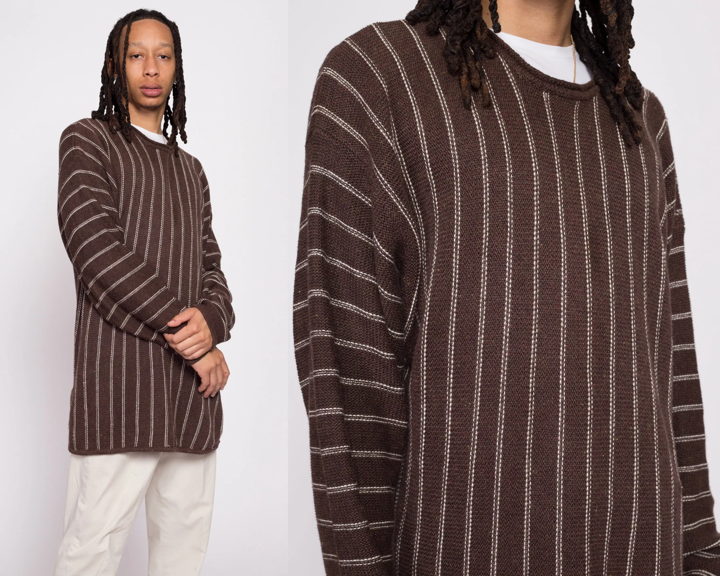 90s Brown & White Striped Tunic Sweater - Men's Medium to Large