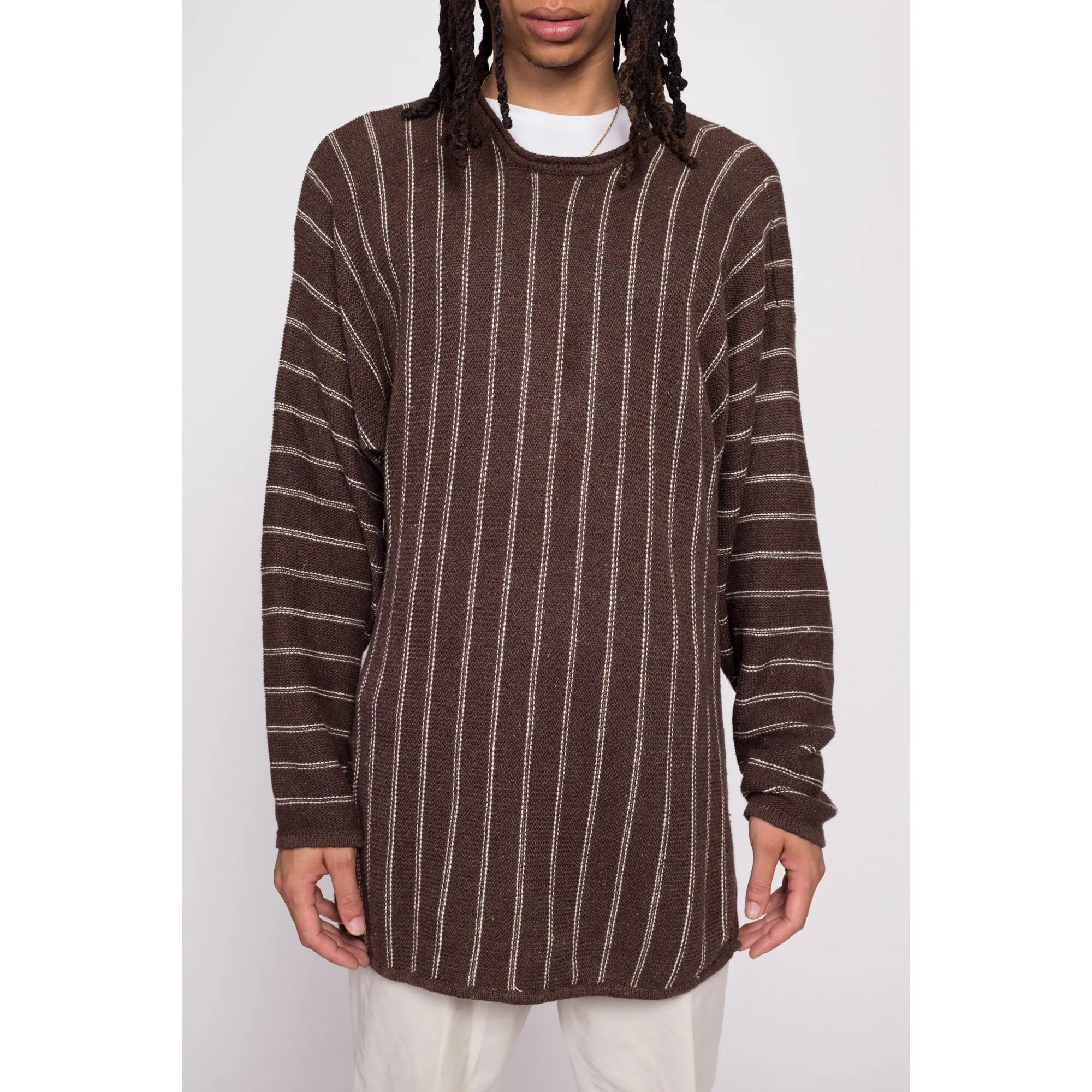 90s Brown & White Striped Tunic Sweater - Men's Medium to Large