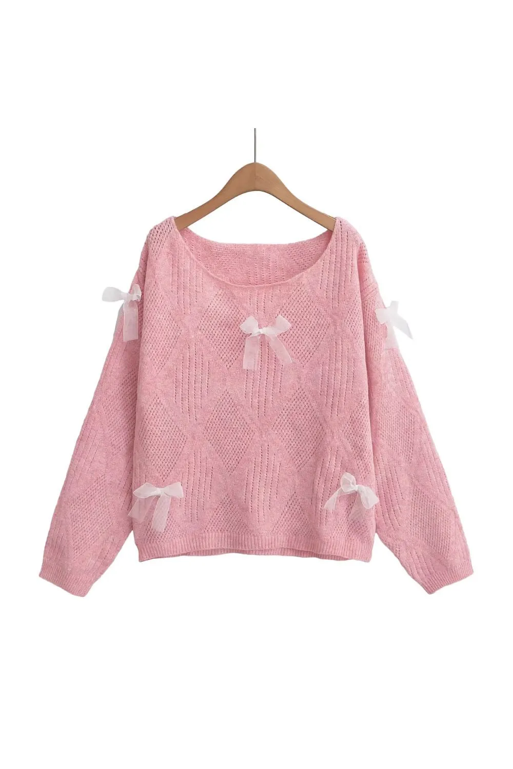 ‘Alfredo’ Diamond-Patterned Bow-Decorated Knit Top