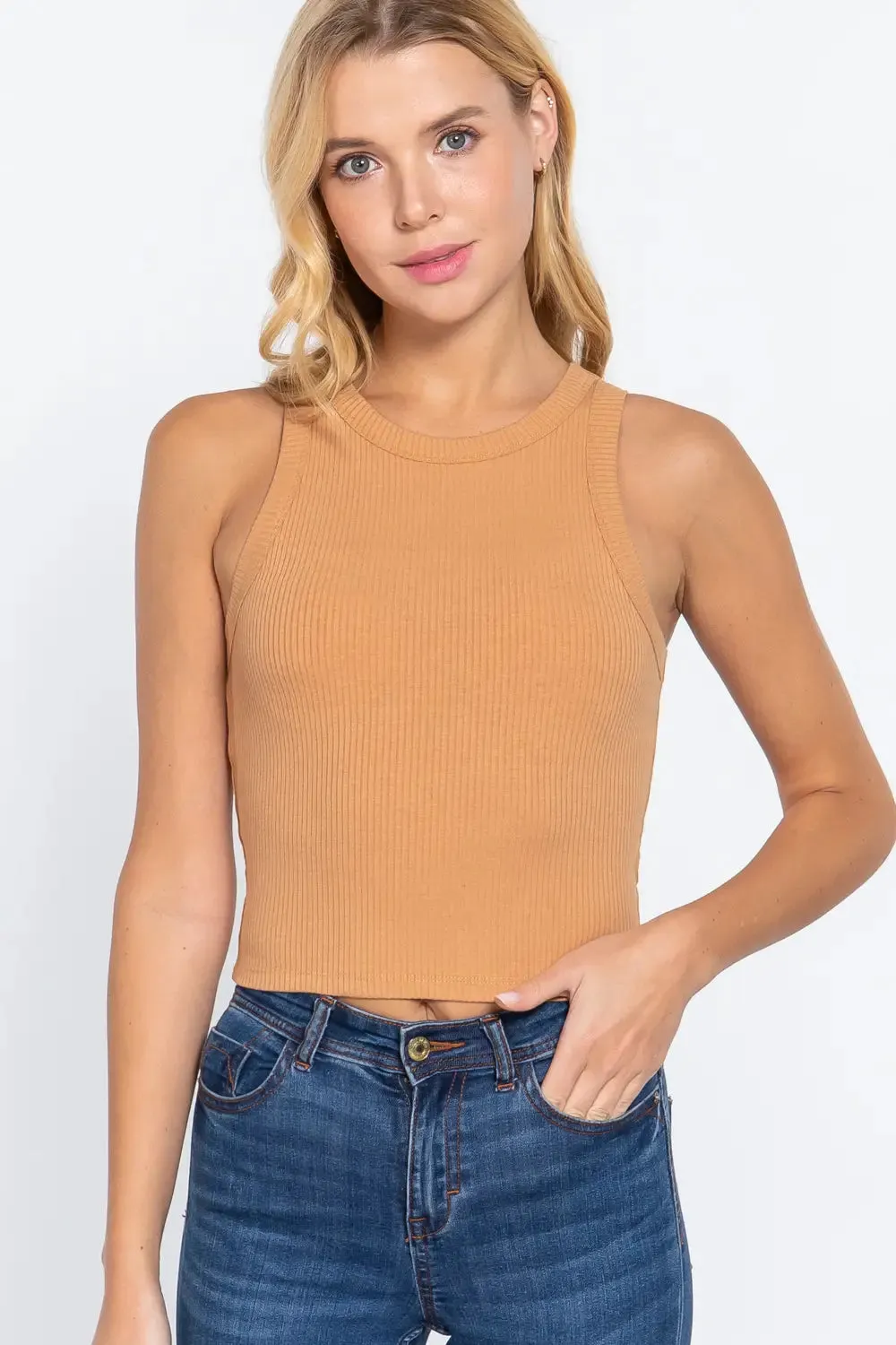 Almond Halter Neck Rib Crop Tank Top