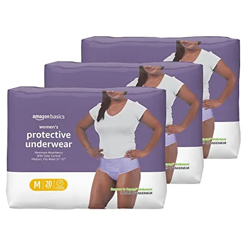 Amazon Basics Incontinence & Postpartum Underwear for Women, Maximum Absorbency, Medium, 60 Count, 3 Packs of 20 (Previously Solimo)