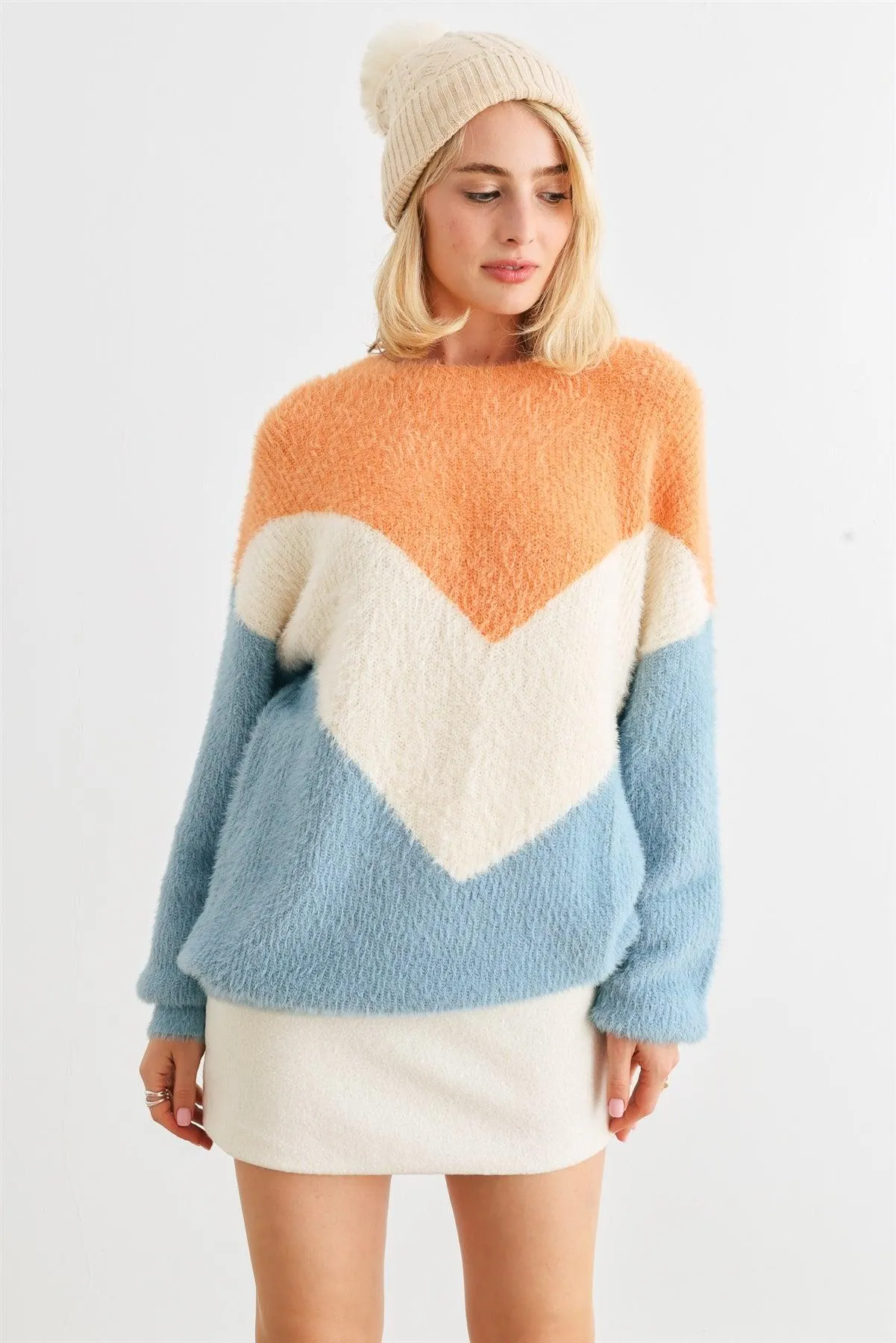 Apricot Natural Blue Colorblock Fuzzy Knit Long Sleeve Sweater /2-2-2