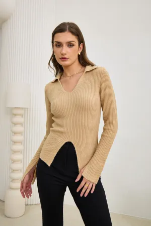 Audrey Beige Split Long Sleeve Knit Top