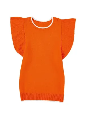 Autumnal Orange Knit Top with Ruffle Sleeves