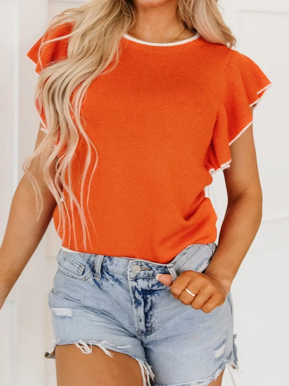 Autumnal Orange Knit Top with Ruffle Sleeves