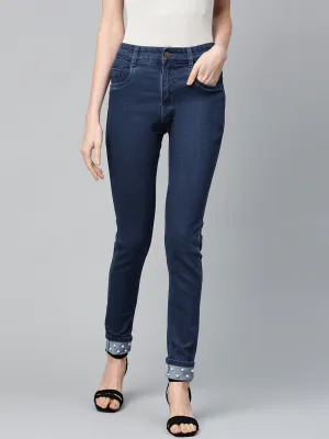 Basic Blue Pearl Studded Hem Jeans