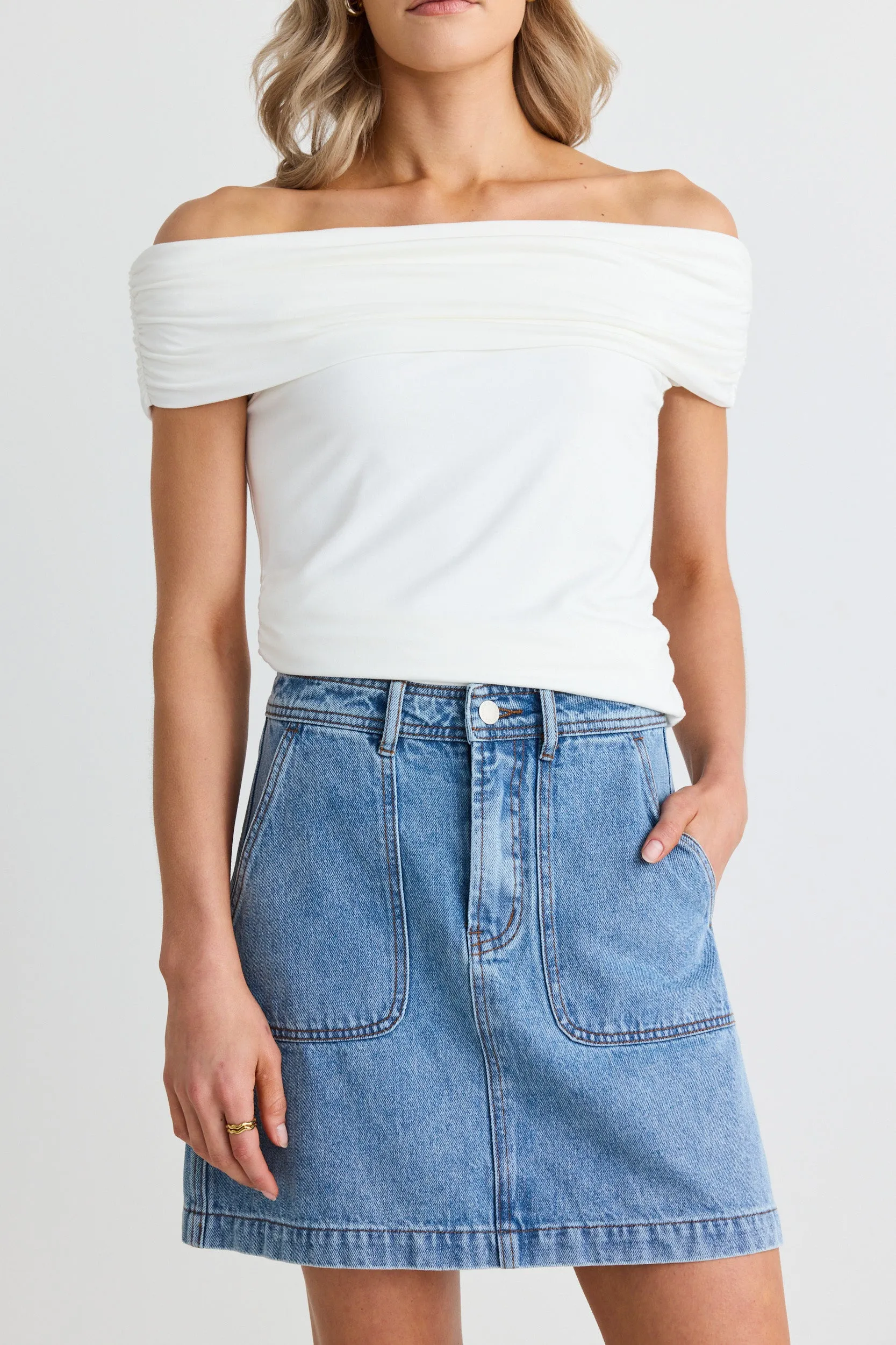 Beatnik Ivory Stretchy Bardot Off Shoulder Top