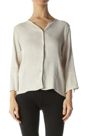 Beige Cotton Linen Textured Buttoned Light-Weight Knit Top