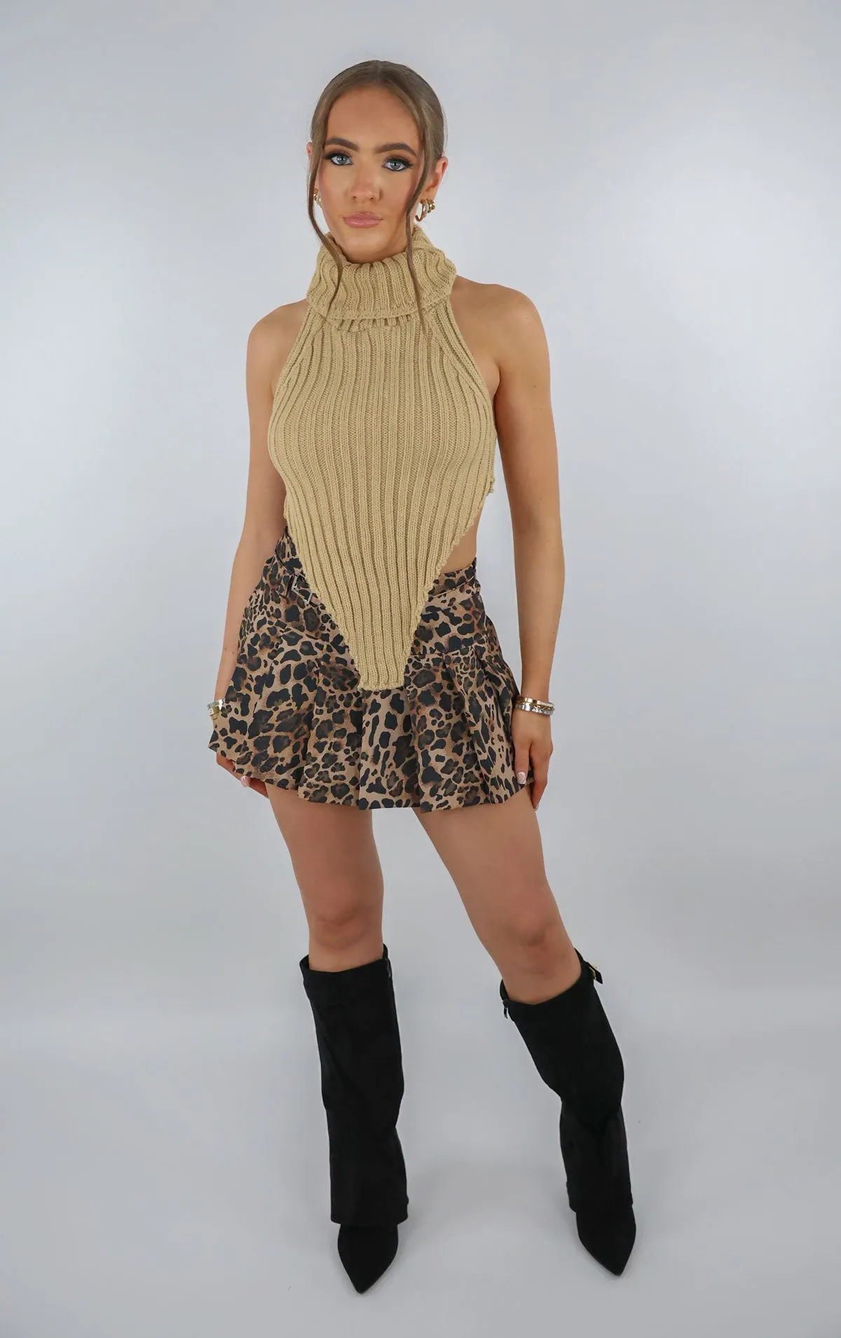 Beige Knit Asymmetric Open Back Crop Top