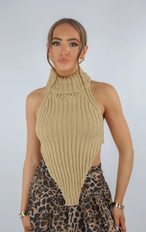 Beige Knit Asymmetric Open Back Crop Top