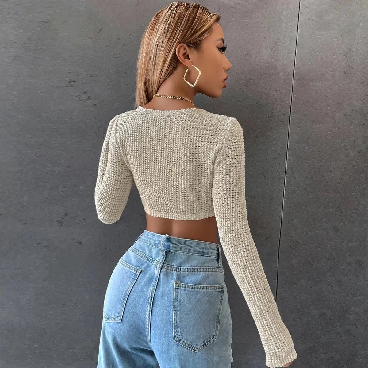 Beige Long Sleeve Waffle Knit Crop Top