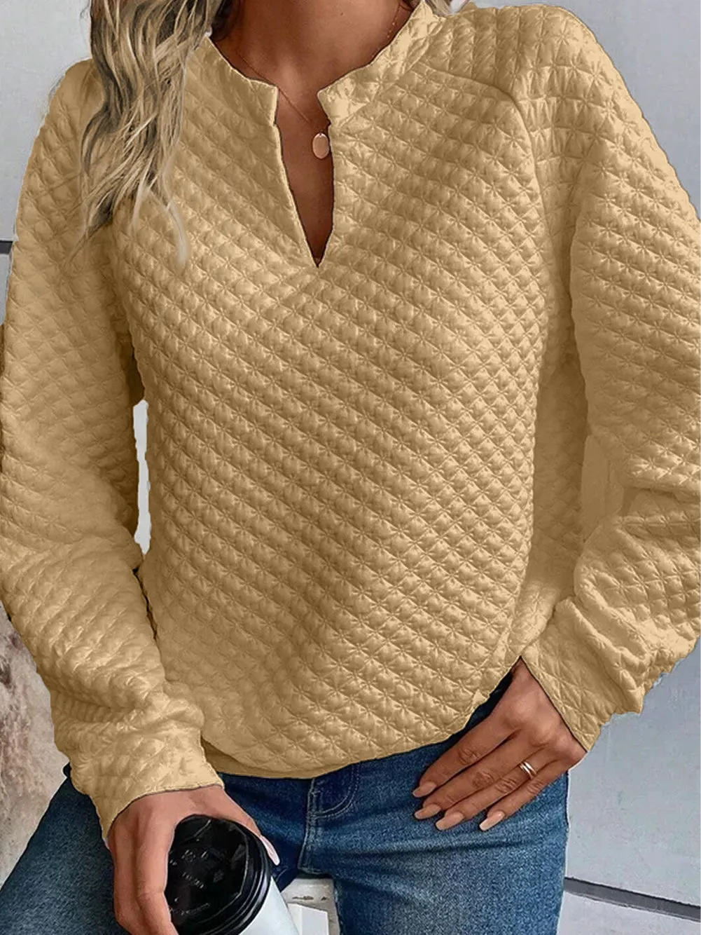 Beige Quilted Long Sleeve Top