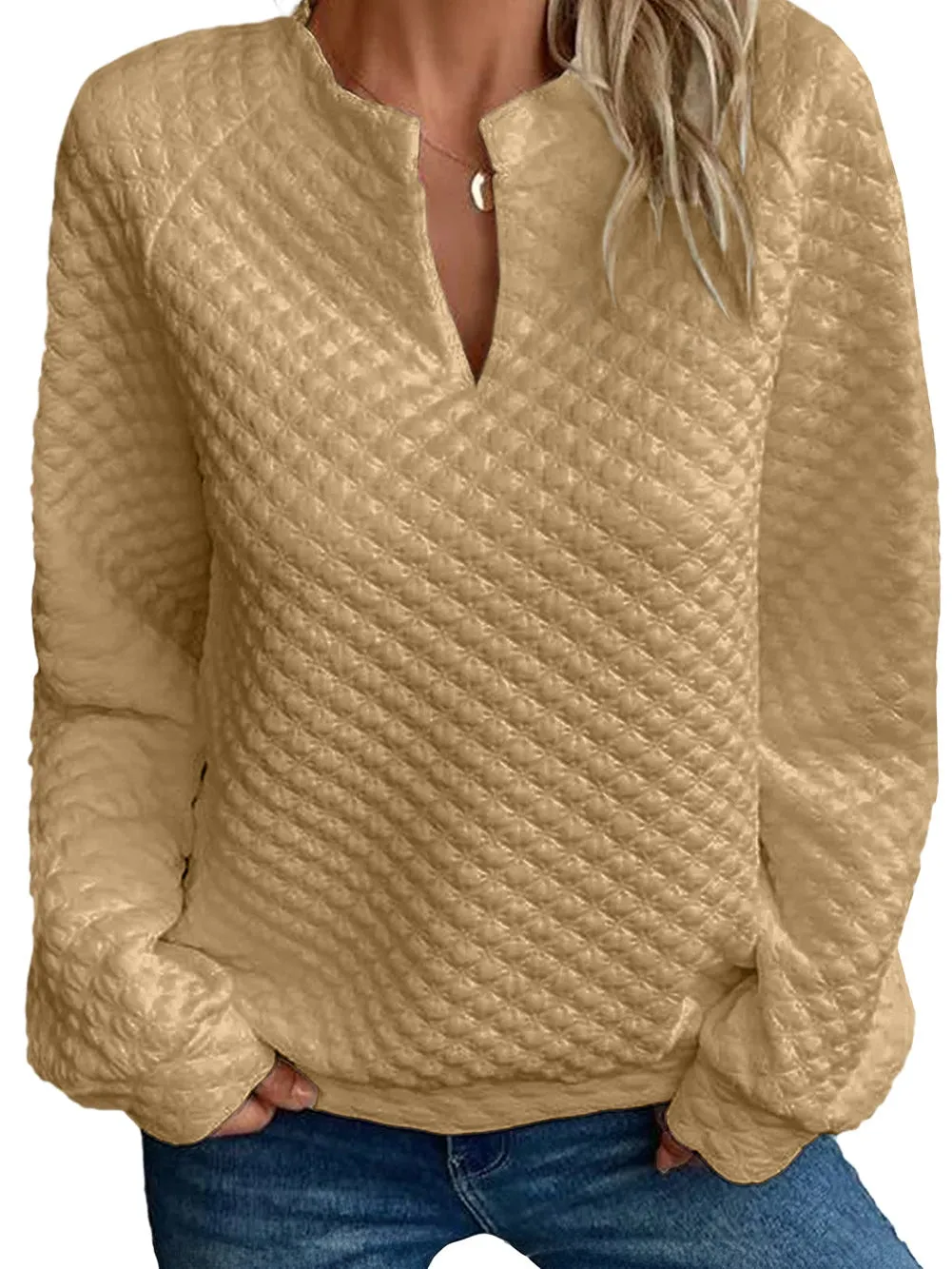 Beige Quilted Long Sleeve Top