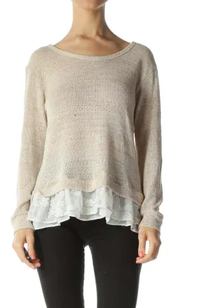 Beige/Off-White Lace-Applique Neck-Tie Detail Knit Top