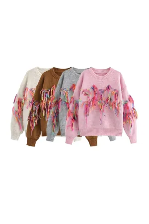 'Bella' Colorful Tasseled Round-Neck Long-Sleeve Knit Sweater