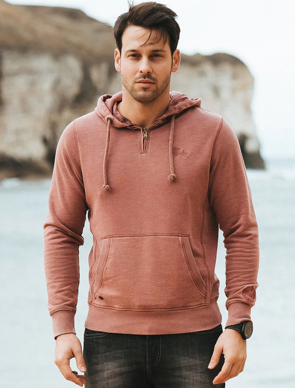 Belvieu Cove Zip Detail Pullover Hoodie in Red Mahogany - Tokyo Laundry