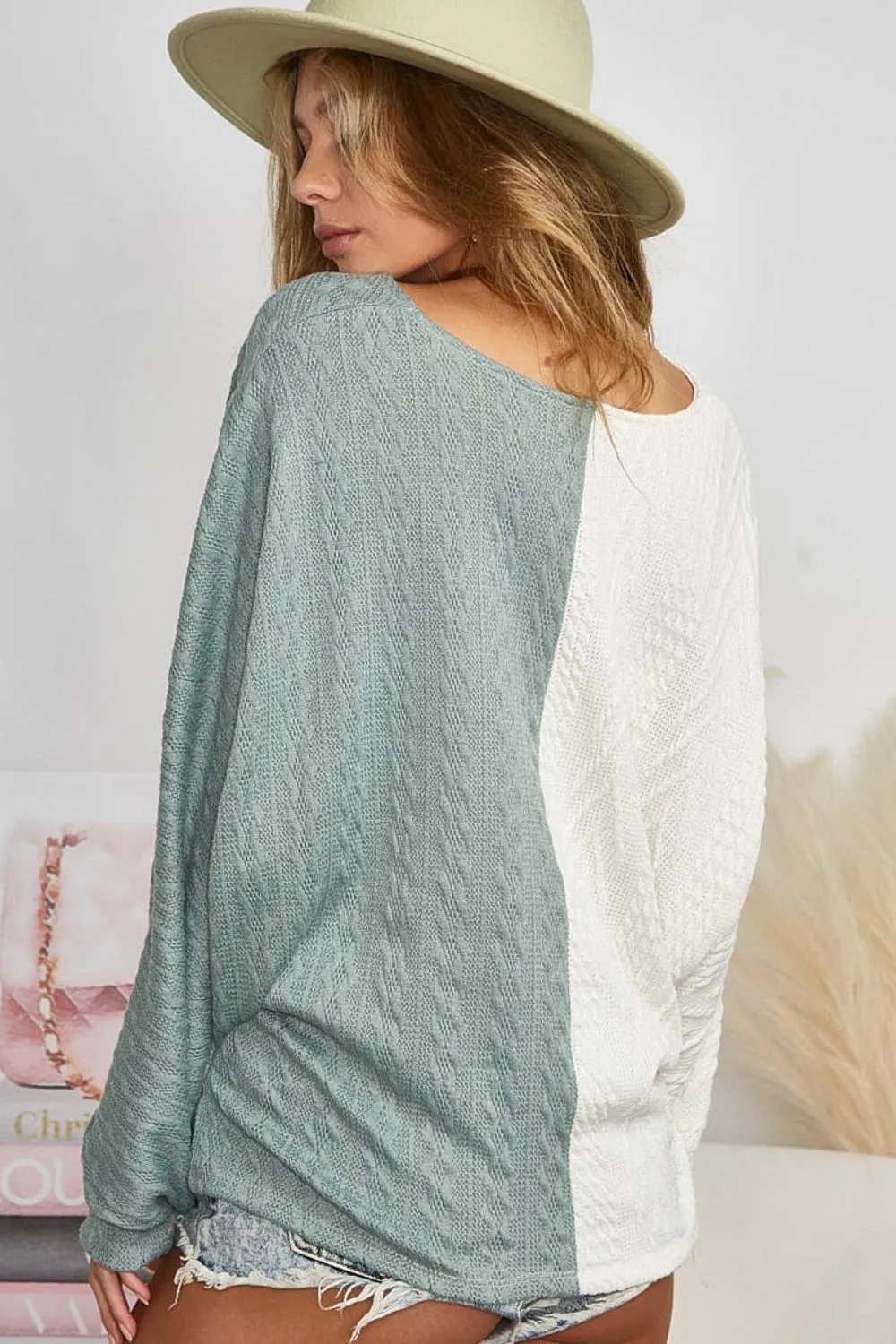 BiBi Twist Front Contrast Cable Knit Top in Ivory and Sage