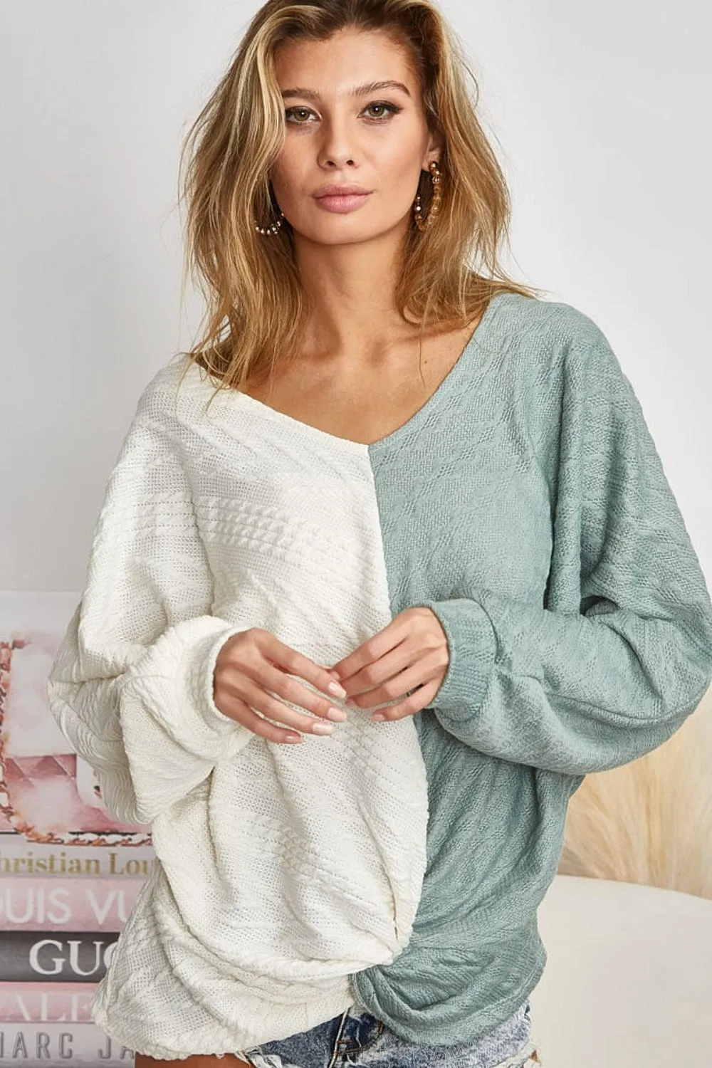 BiBi Twist Front Contrast Cable Knit Top in Ivory and Sage