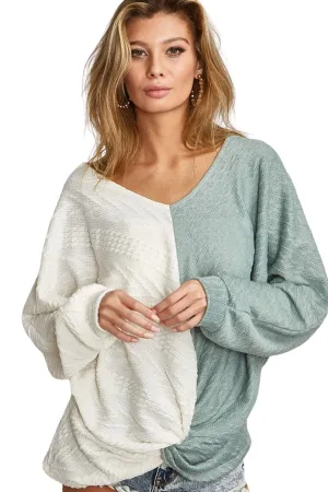 BiBi Twist Front Contrast Cable Knit Top in Ivory and Sage