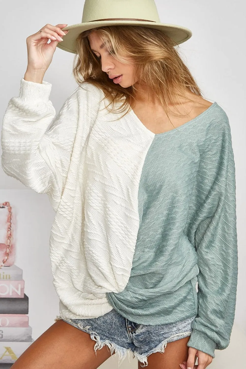 BiBi Twist Front Contrast Cable Knit Top in Ivory and Sage