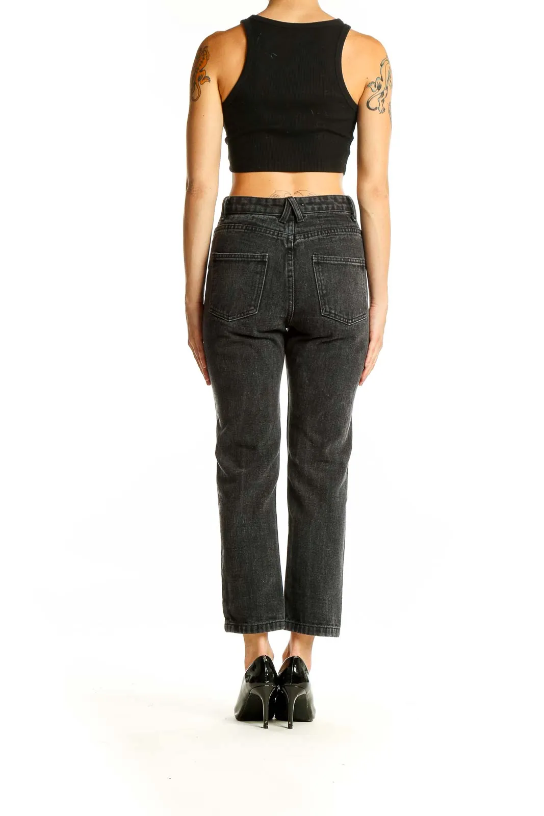 Black Distressed High-Waisted Straight Leg Jeans