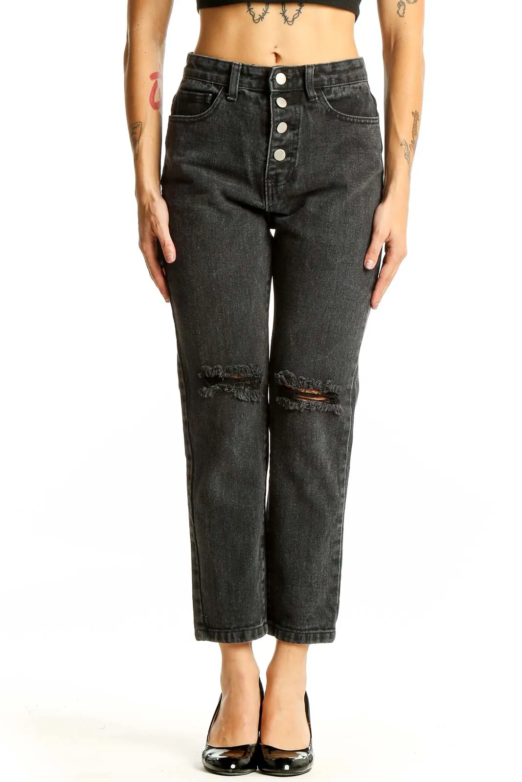 Black Distressed High-Waisted Straight Leg Jeans