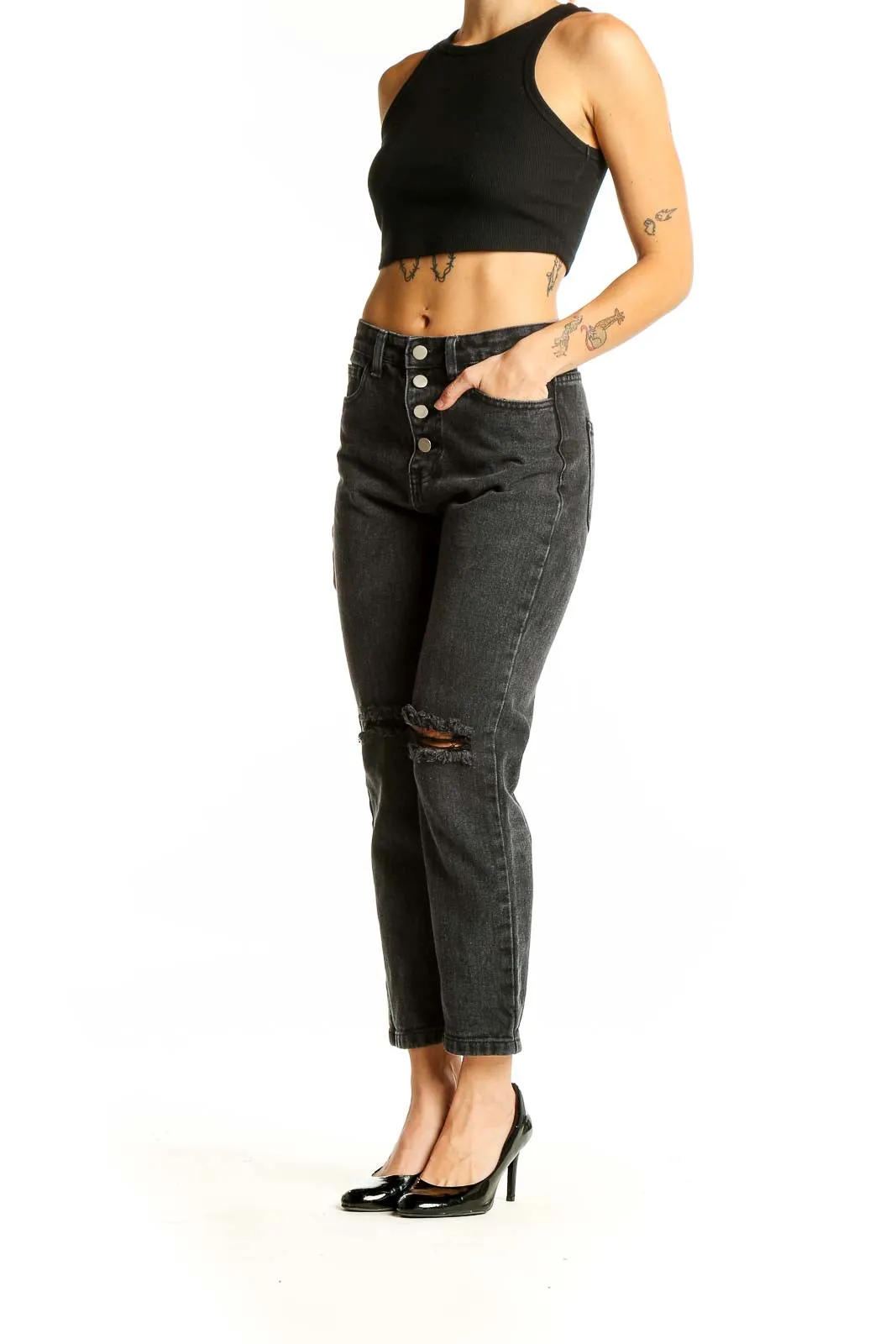 Black Distressed High-Waisted Straight Leg Jeans