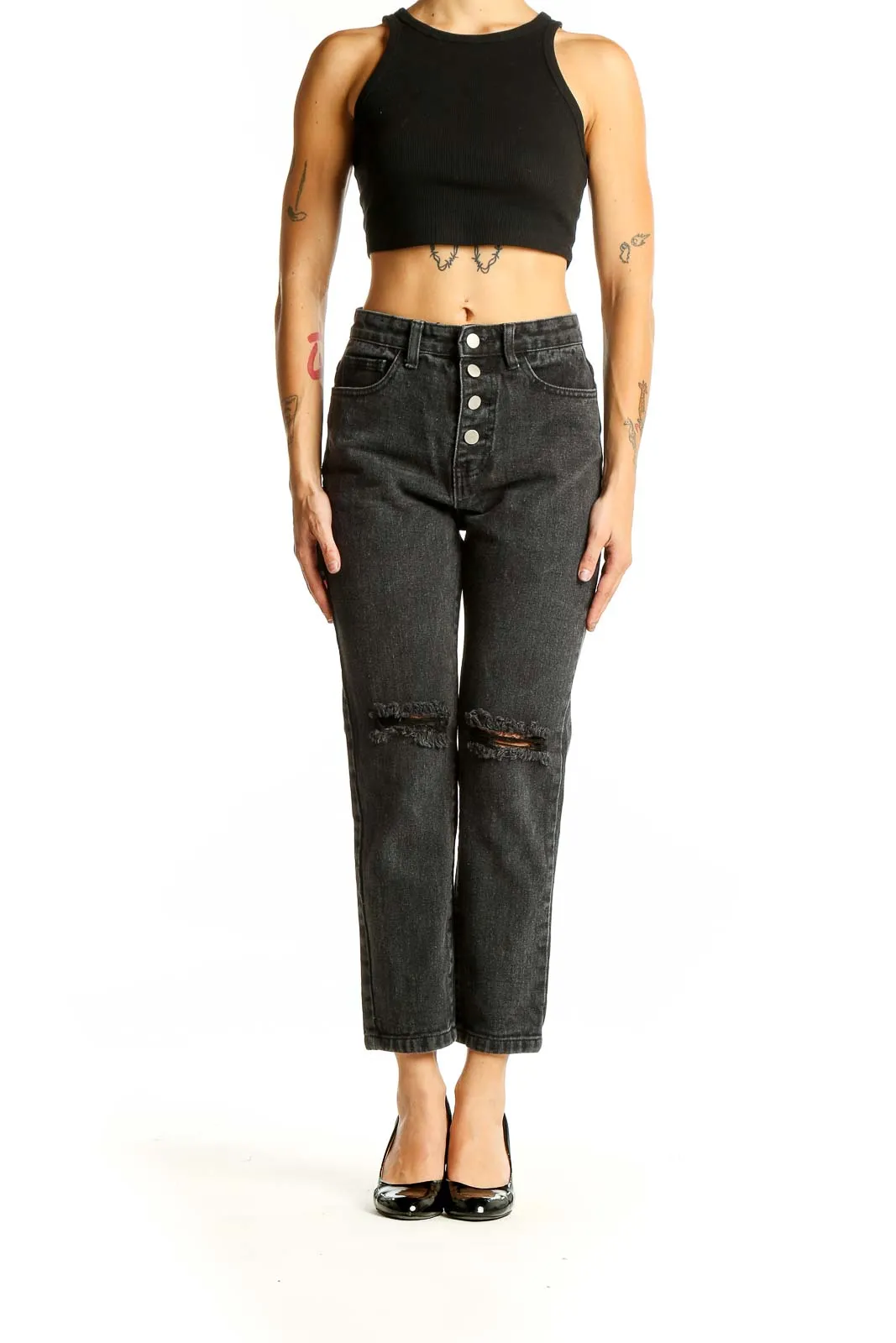 Black Distressed High-Waisted Straight Leg Jeans