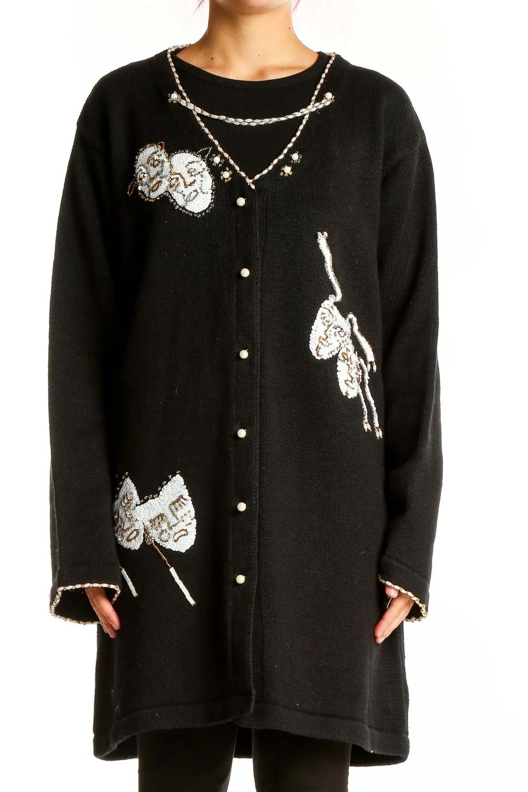 Black Embellished Theater Knit Cardigan