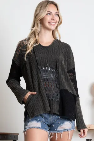 Black Lace Knit Hooded Top