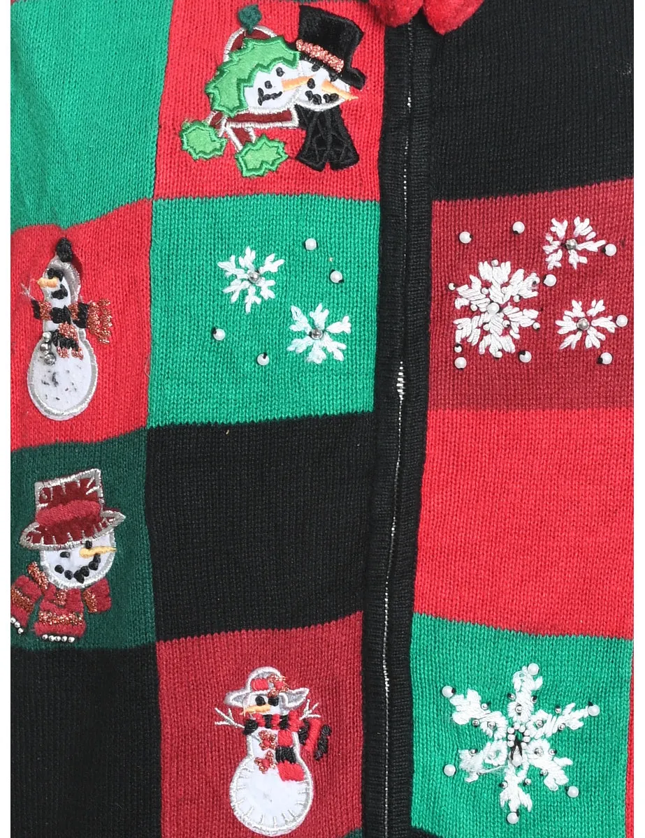 Black, Red & Green Snowman Knit Christmas Cardigan  - M