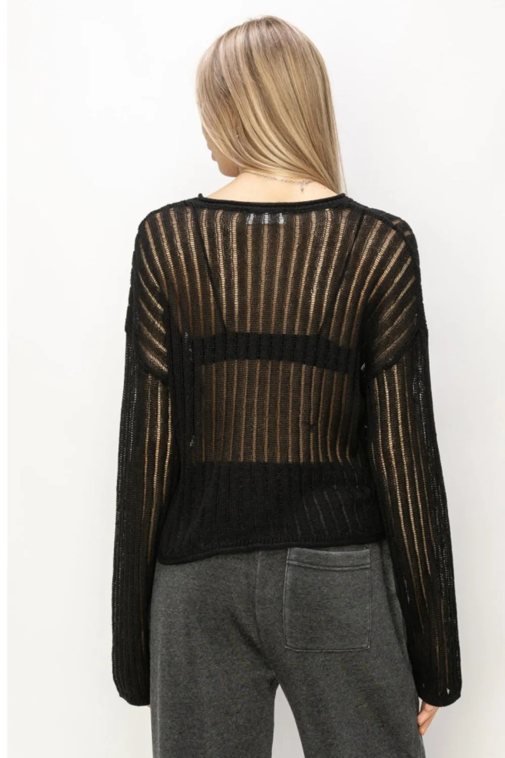 Black Ribbed Long Sleeve Knit Top