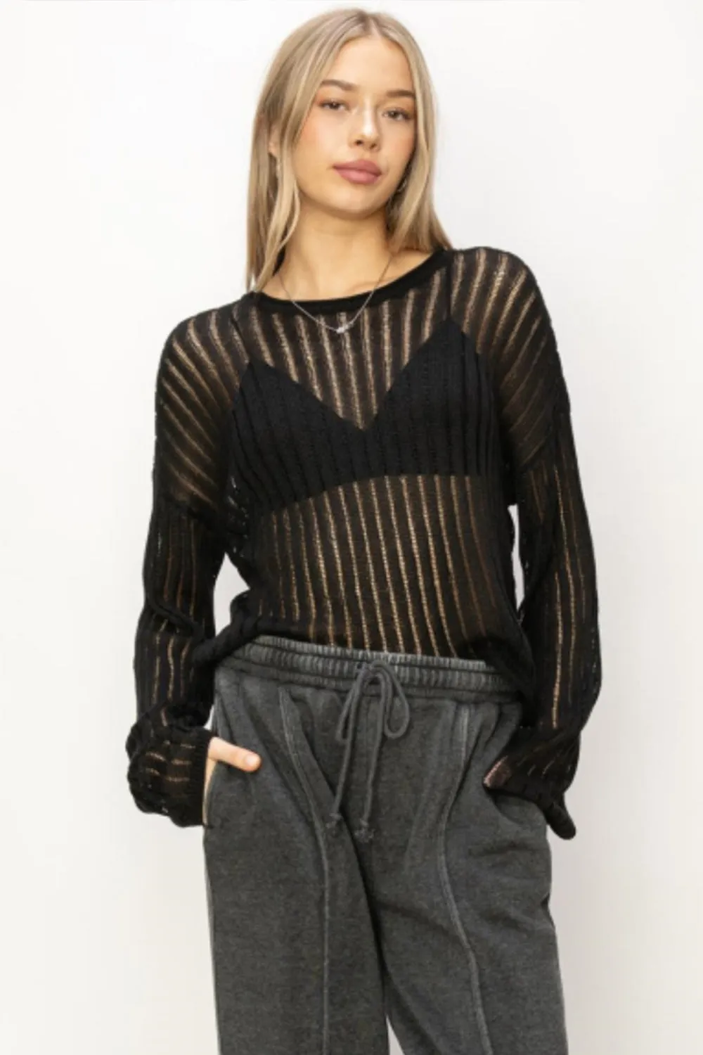 Black Ribbed Long Sleeve Knit Top