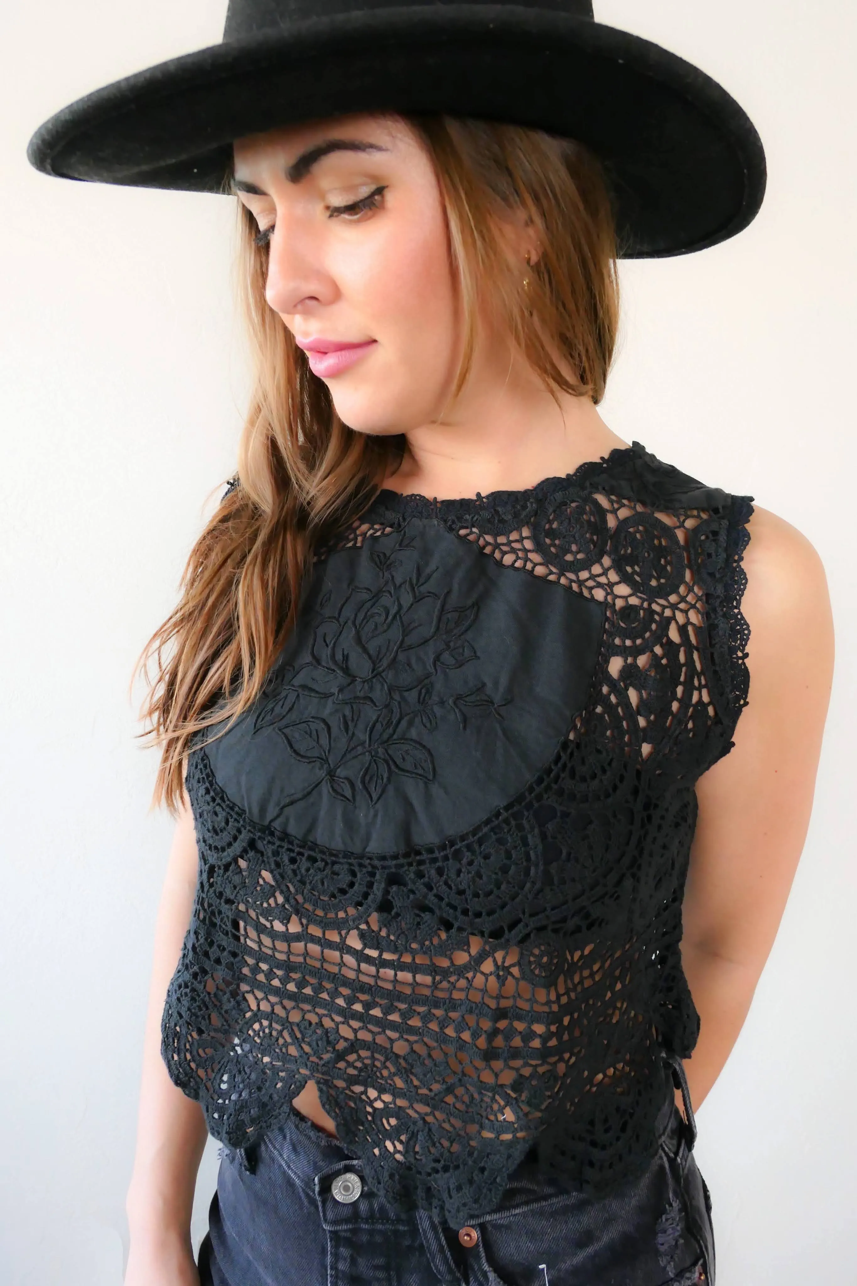 Black Rose Crochet and Embroidered Crop Tank Top