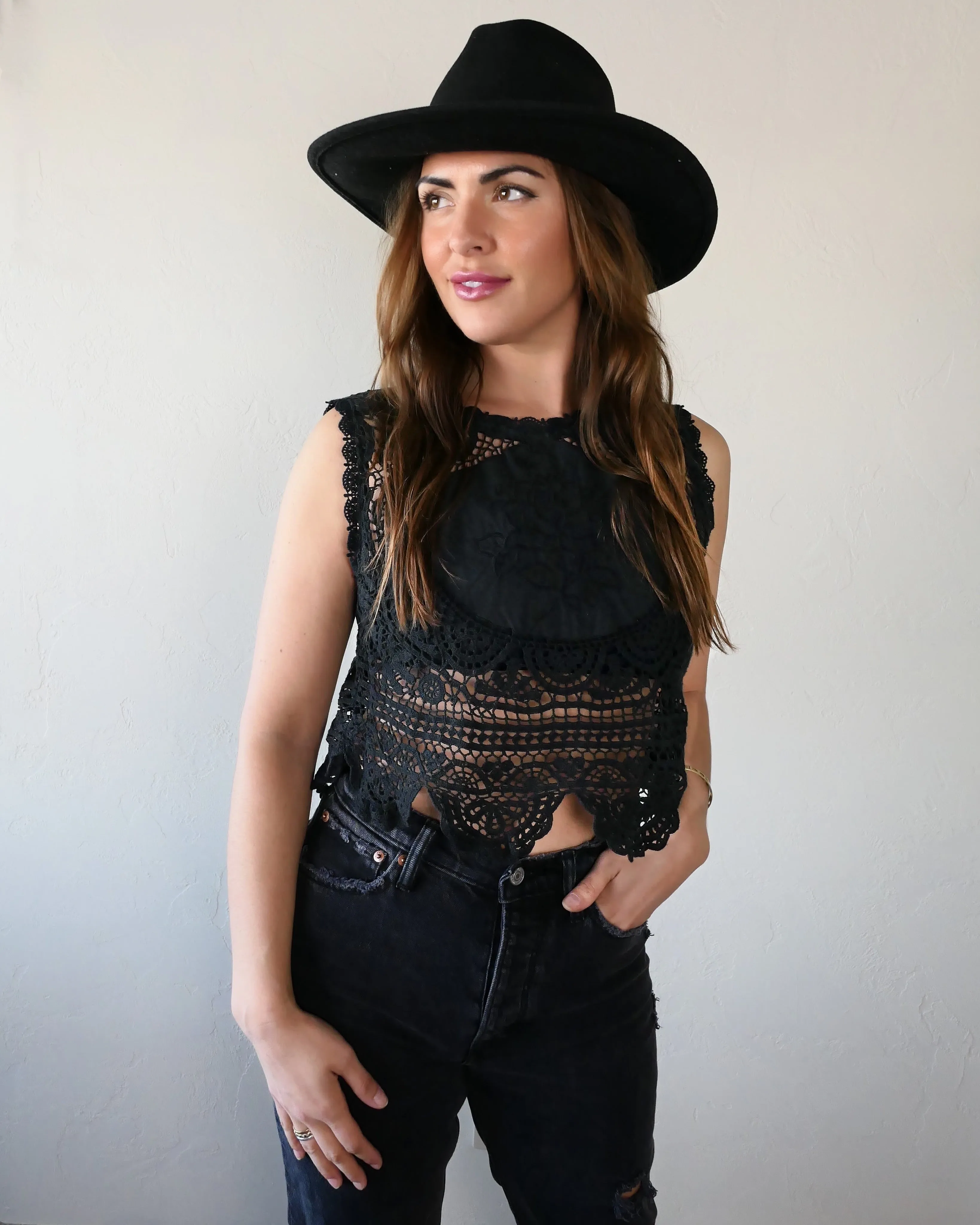 Black Rose Crochet and Embroidered Crop Tank Top