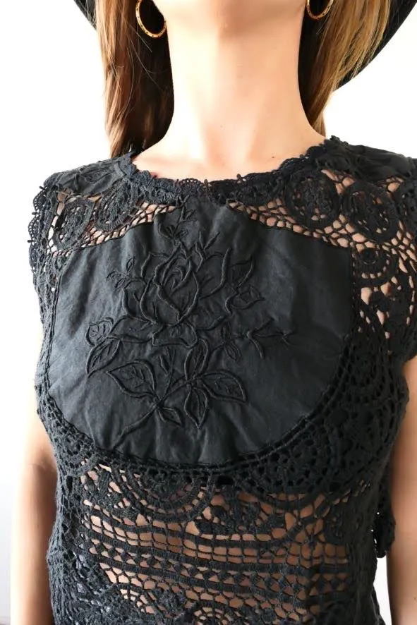 Black Rose Crochet and Embroidered Crop Tank Top