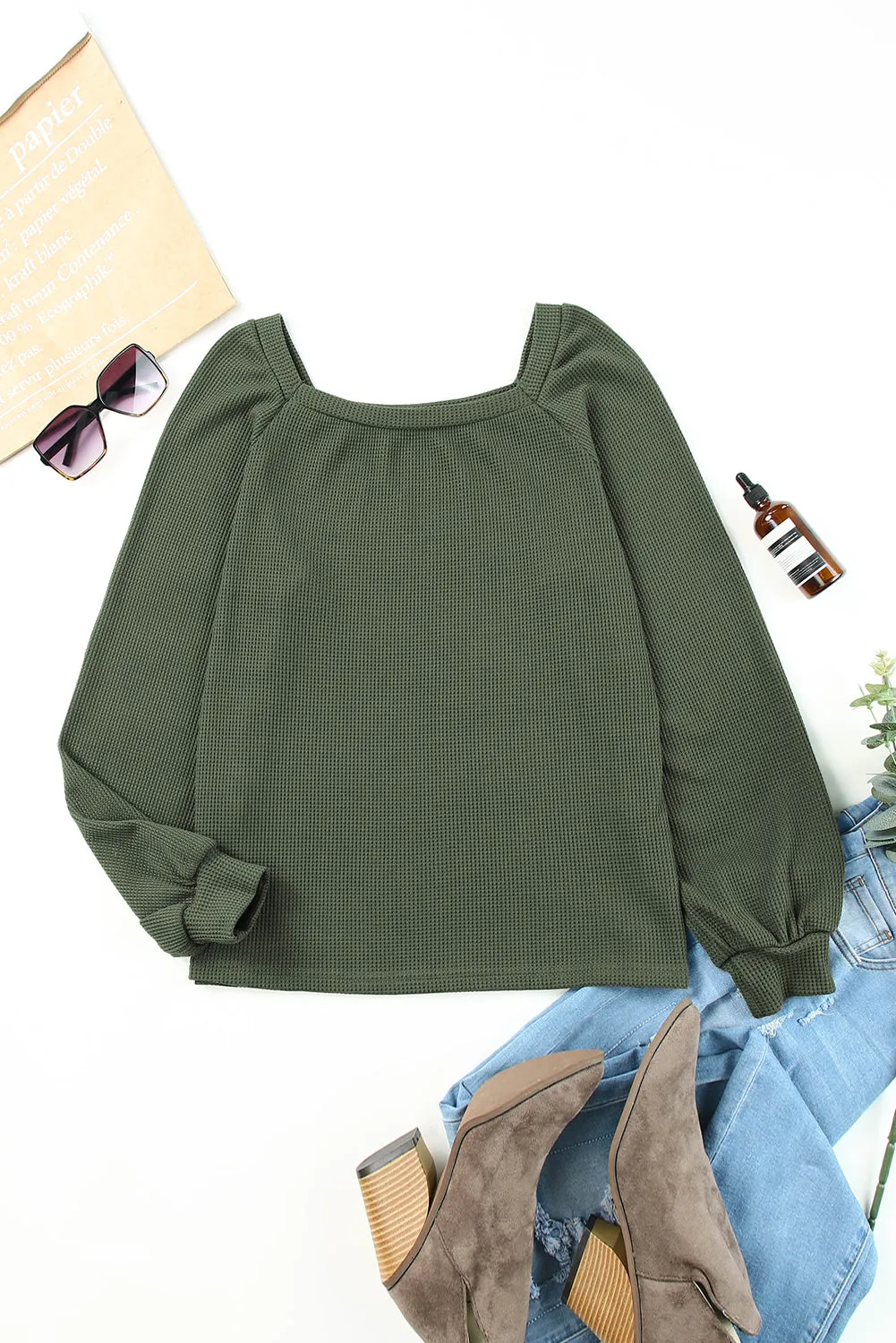 Black Scoop Neck Puff Sleeve Waffle Knit Top