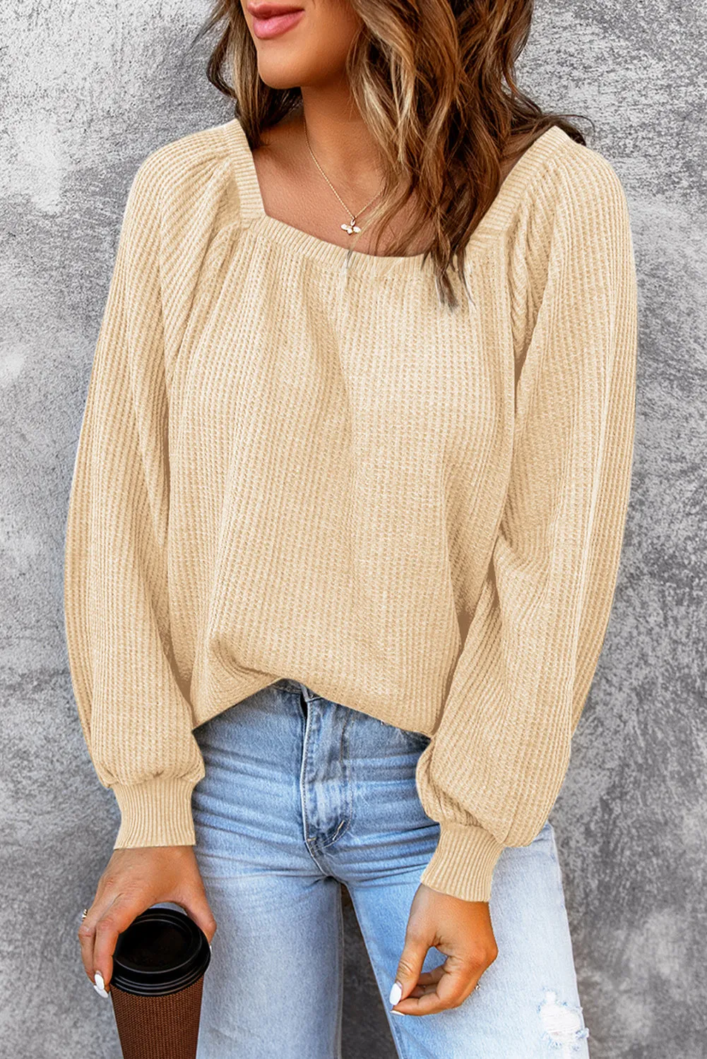 Black Scoop Neck Puff Sleeve Waffle Knit Top