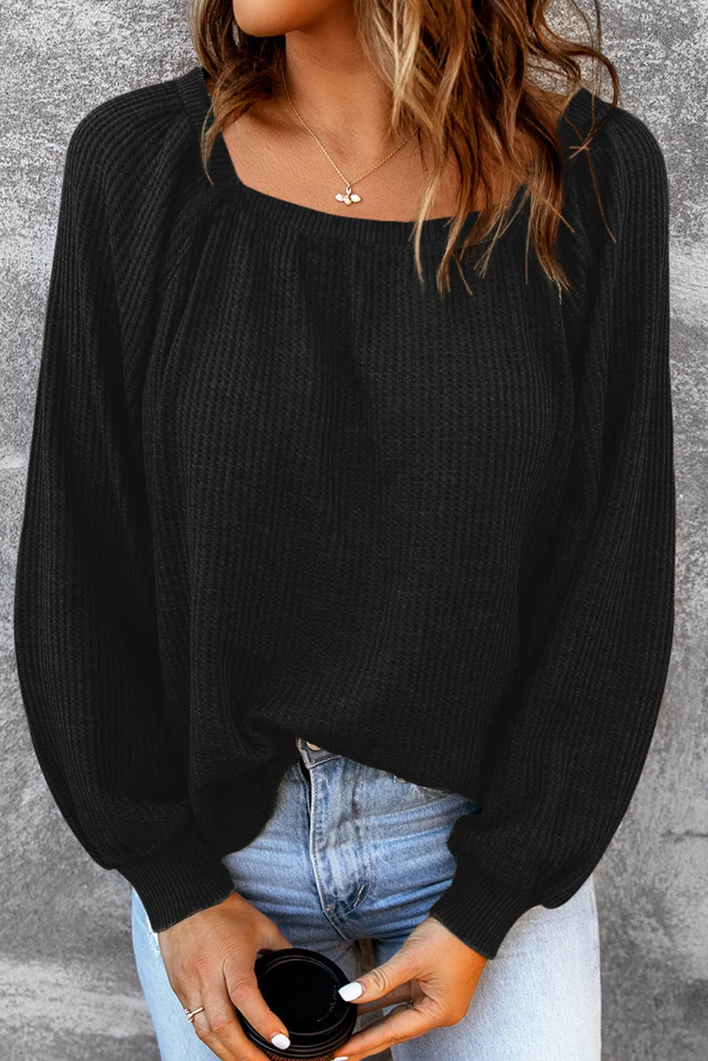 Black Scoop Neck Puff Sleeve Waffle Knit Top