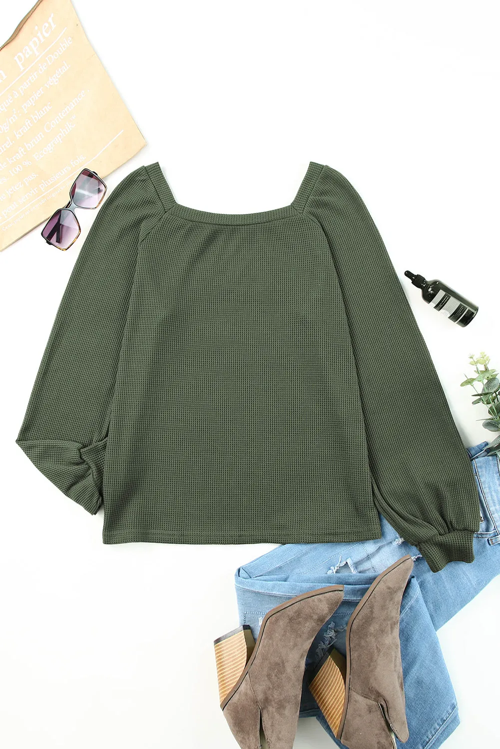 Black Scoop Neck Puff Sleeve Waffle Knit Top