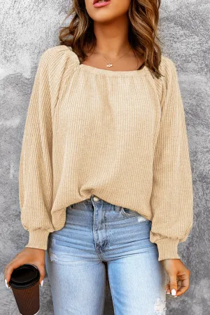 Black Scoop Neck Puff Sleeve Waffle Knit Top