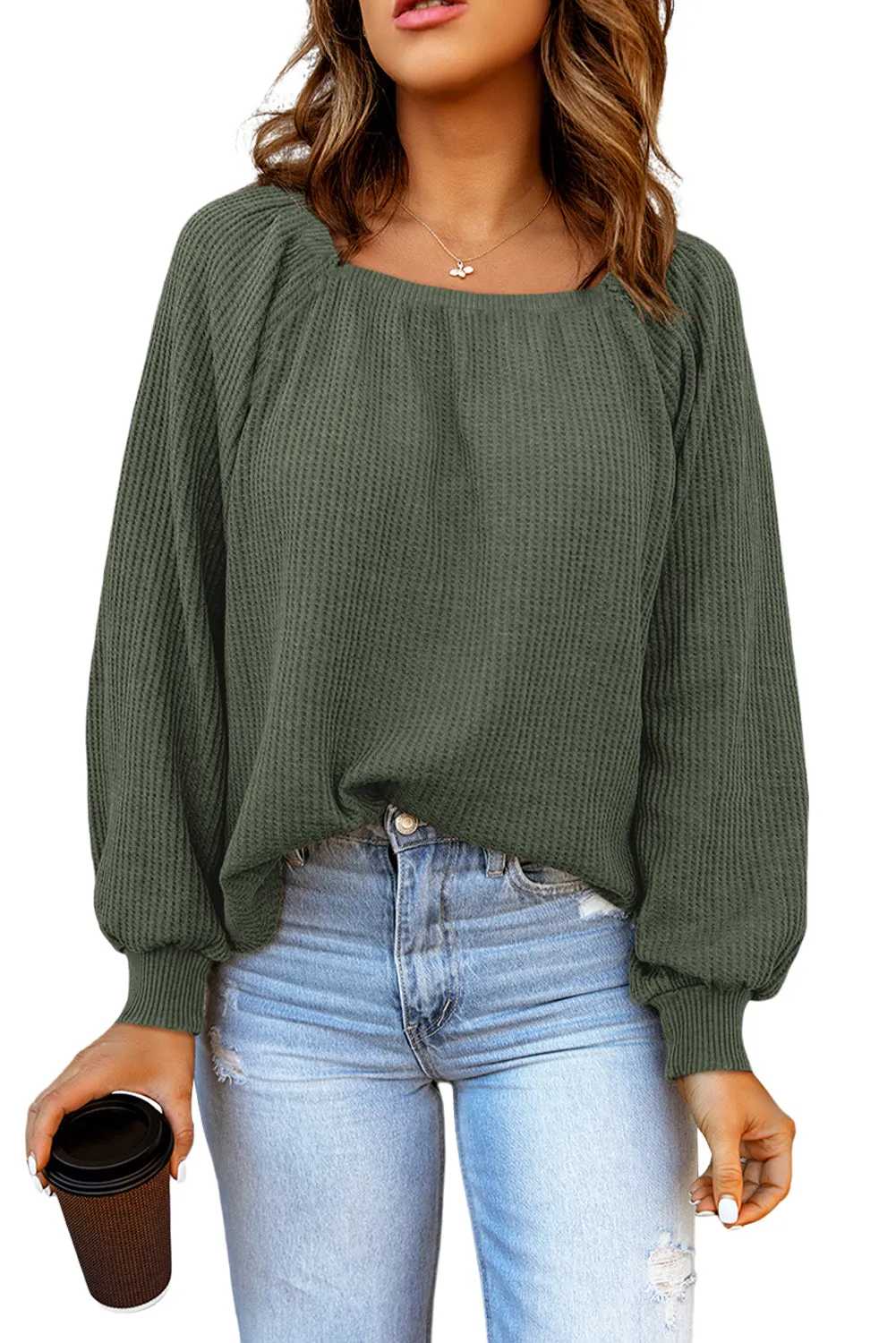 Black Scoop Neck Puff Sleeve Waffle Knit Top