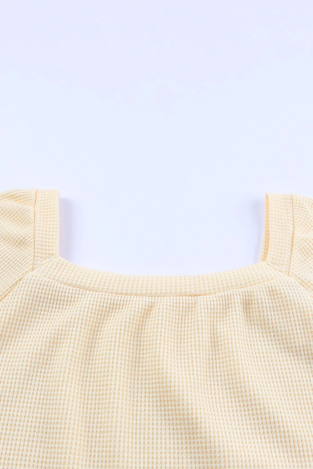 Black Scoop Neck Puff Sleeve Waffle Knit Top