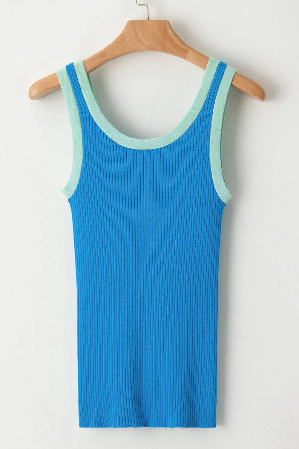 Blue Colorblock Edge Ribbed Knit U Neck Tank Top