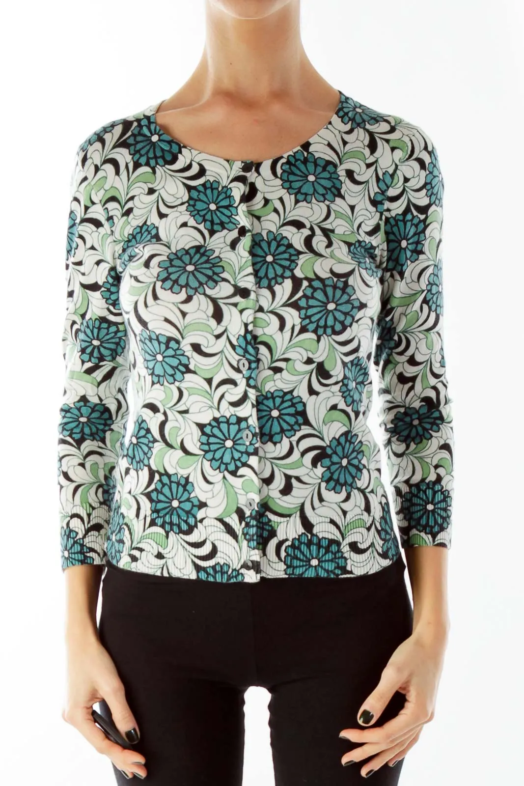 Blue Green Beige Buttoned Flower Print Knit Top