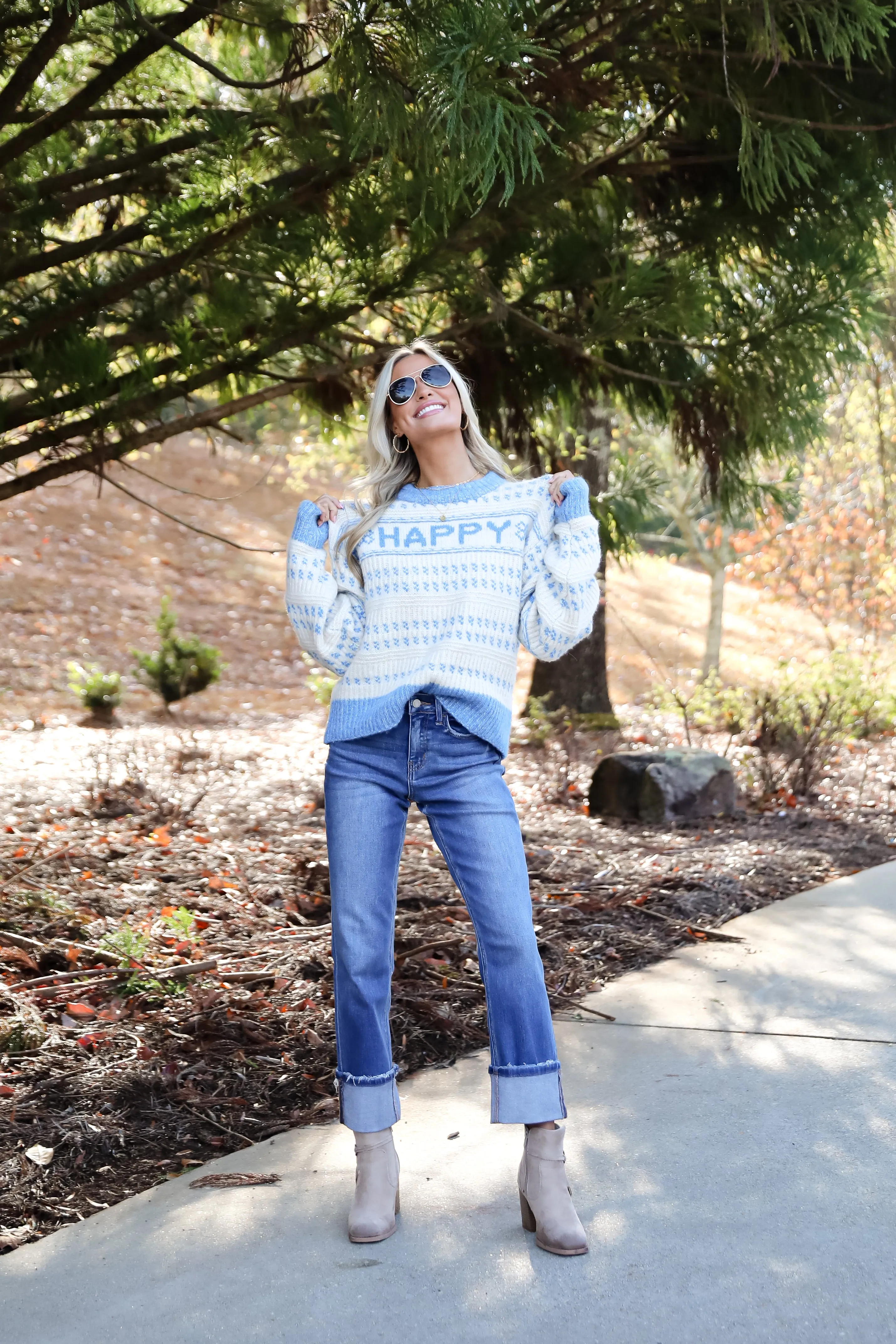 Blue Striped Happy Sweater