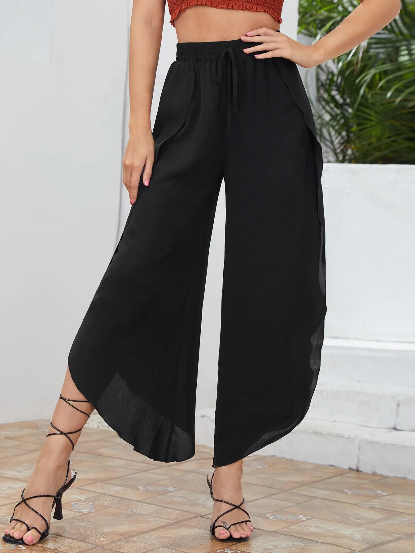 Boho Plain Split Thigh High Waist Cropped Women Pants