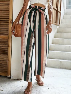 Boho Striped Paper Bag Waist High Waist Cropped Women Pants